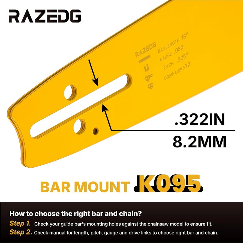 RazEdg 18 Inch Chainsaw Bar and Carbide Chain Combo, .325" Pitch, 050" Gauge, 72 Drive Links Fits Husqvarna 435, 440, 545, 345, 350, 51, 55 RANCHER, and 550XP (1 bar + 1 carbide chain) - Image 3